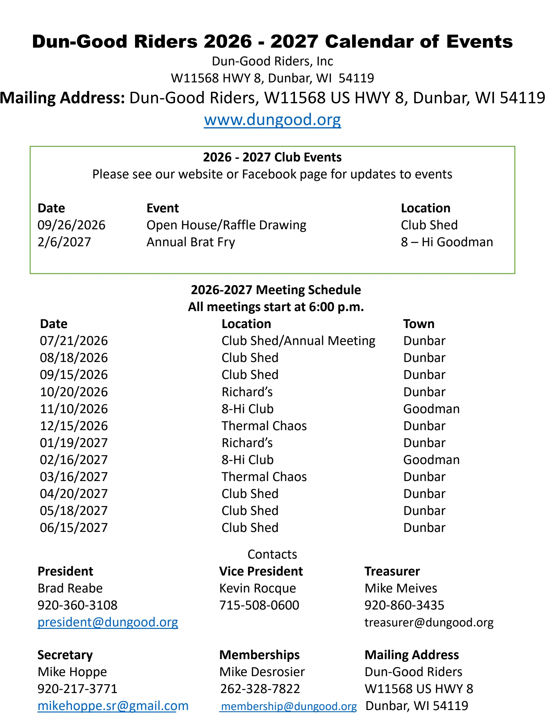 Dun-Good Riders 2026-2027 calendar of events and meeting schedule